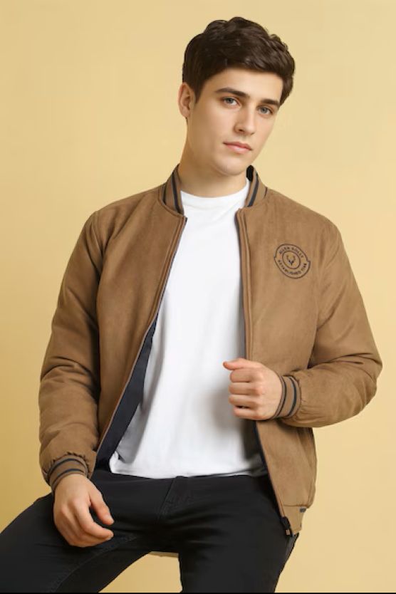 Men Brown Solid Full Sleeves Casual Jacket