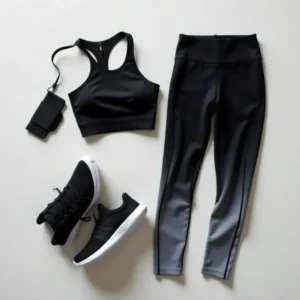 Black sports bra with black grey leggings, sneakers, and armband