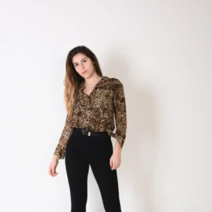 Leopard Print Blouse with Flared Black Trousers