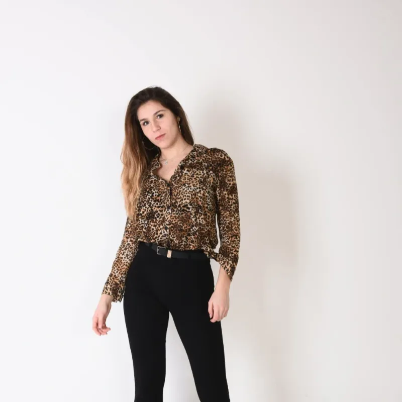 Leopard Print Blouse with Flared Black Trousers