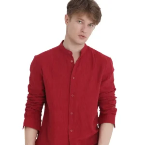 Red Cotton Shirt Chienese Collar