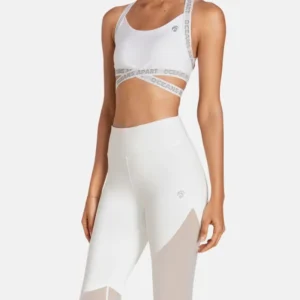 White crop top with white mesh panel leggings
