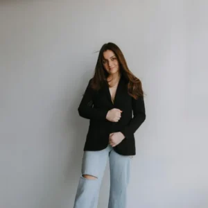 black blazer with wide leg jeans