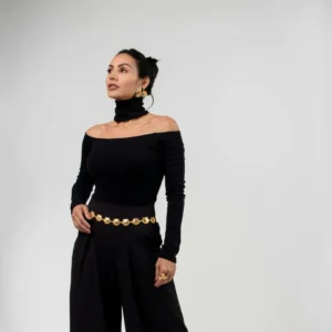 black crop top with wide pants