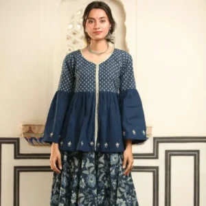 patterned blue overskirt dress