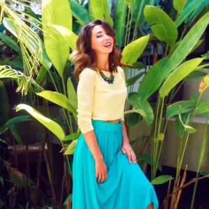 turquoise maxi dress with yellow top